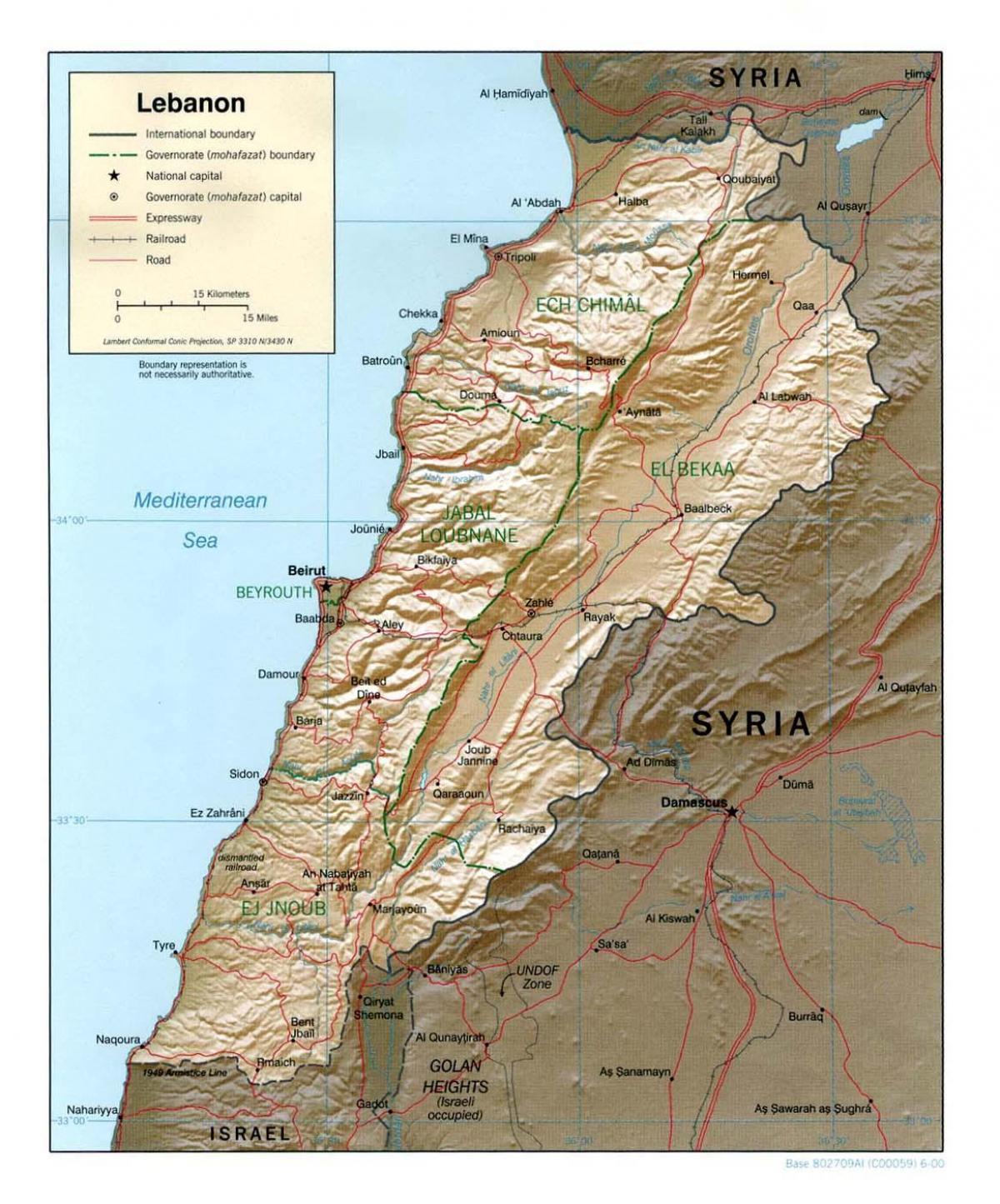 карта на Либан топографски