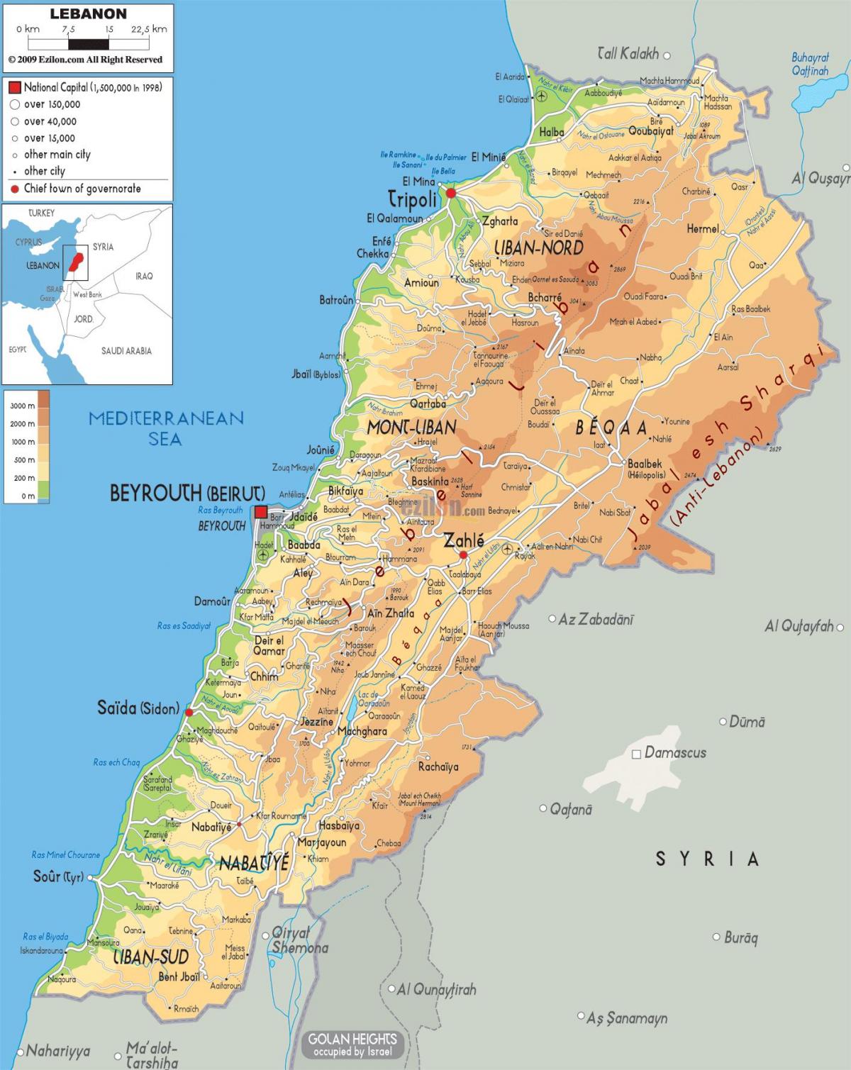 карта на Либан физички